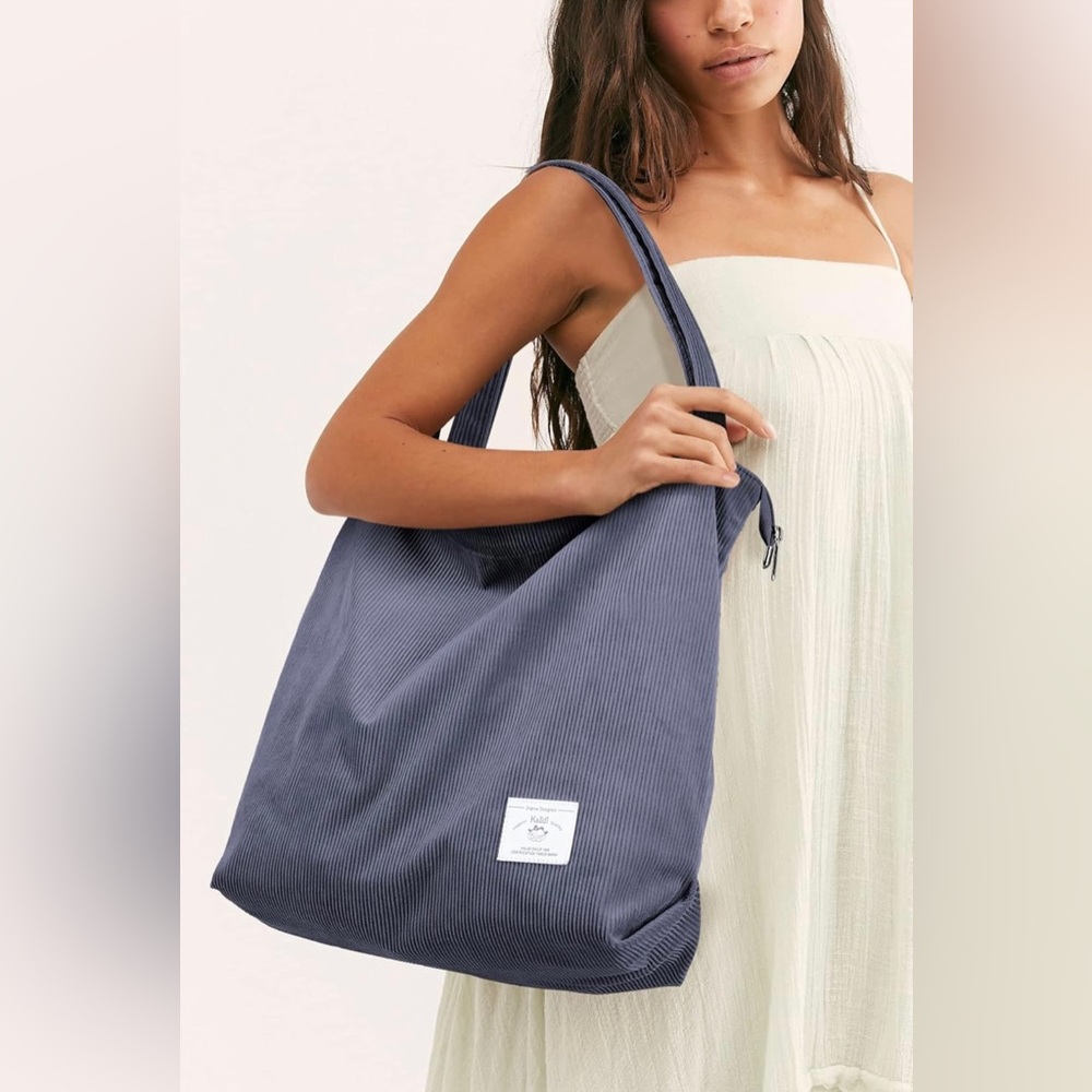 KALIDI Fancy Forest Corduroy Tote Bag Gray Shoulder Large Capacity Neutral Boho